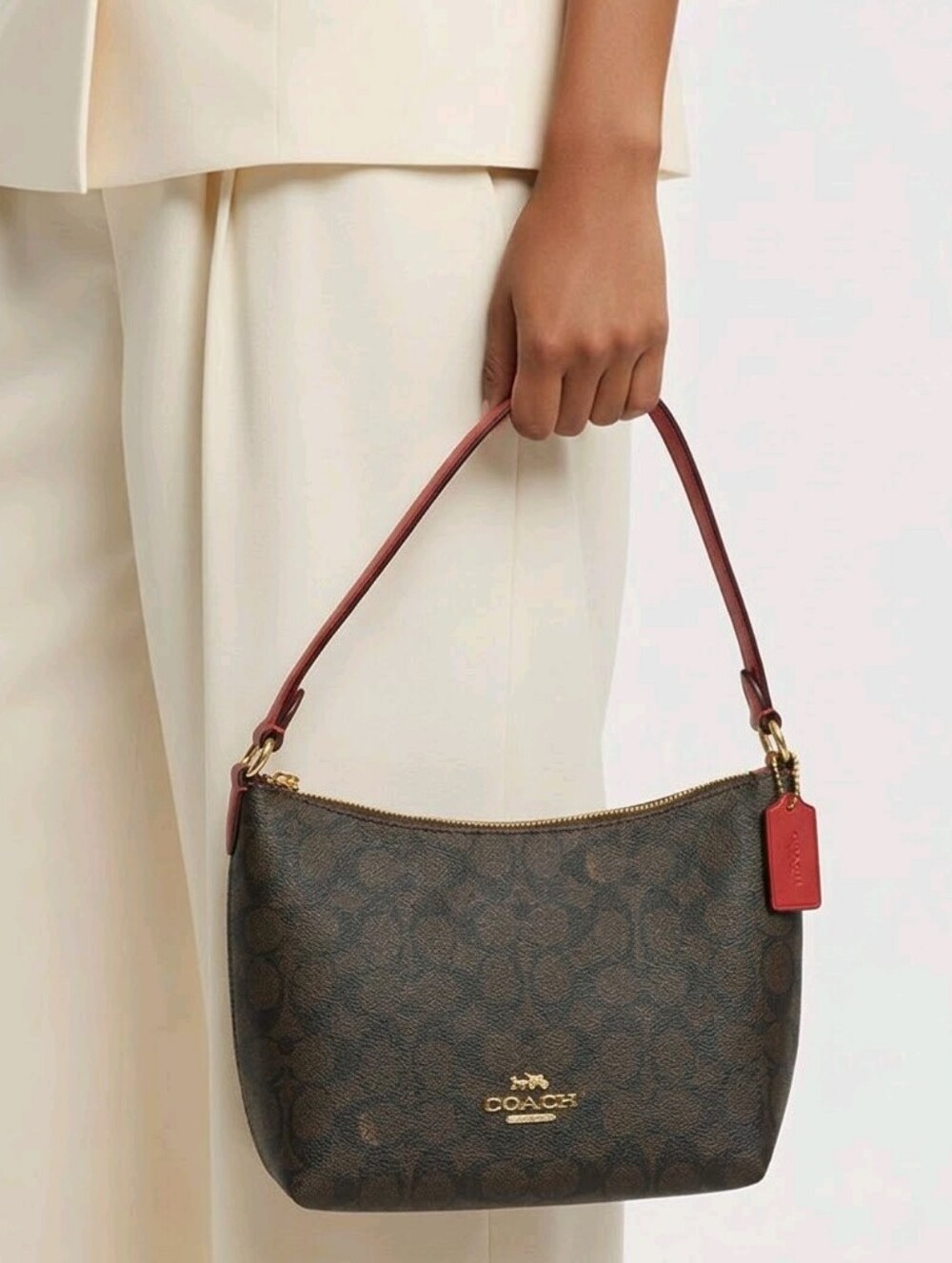 Coach Brown Signature and Red Leather Shoulder Bag